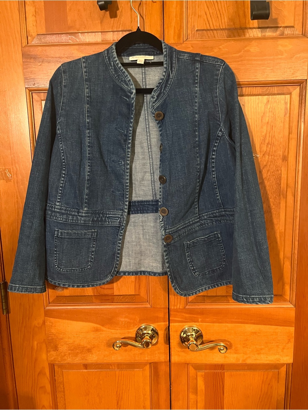 JM Collection Dark Blue Denim Collarless Button Jacket